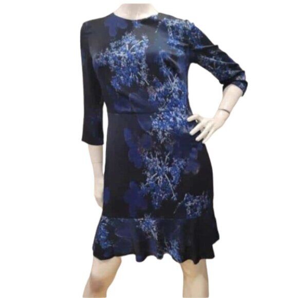 Banana Republic Dark Blue Floral 3/4 Sleeve Peplum Hem Midi Dress 10 - Picture 1 of 16